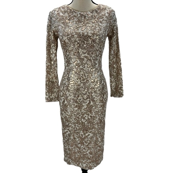 XScape Long Sleeve Sequin Lace Midi Dress - Beige / Sand - size 4P - Picture 1 of 12